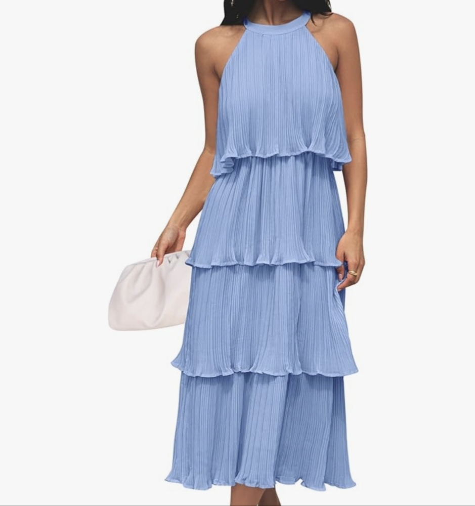 Elegant Baby Blue Pleated Dress